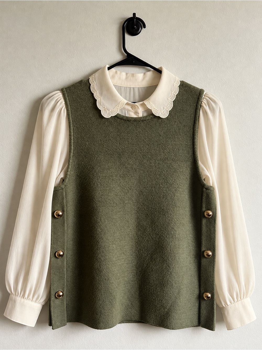 Rachel Roy Olive Sleeveless Knit Sweater Vest Gold Side Buttons Preppy M